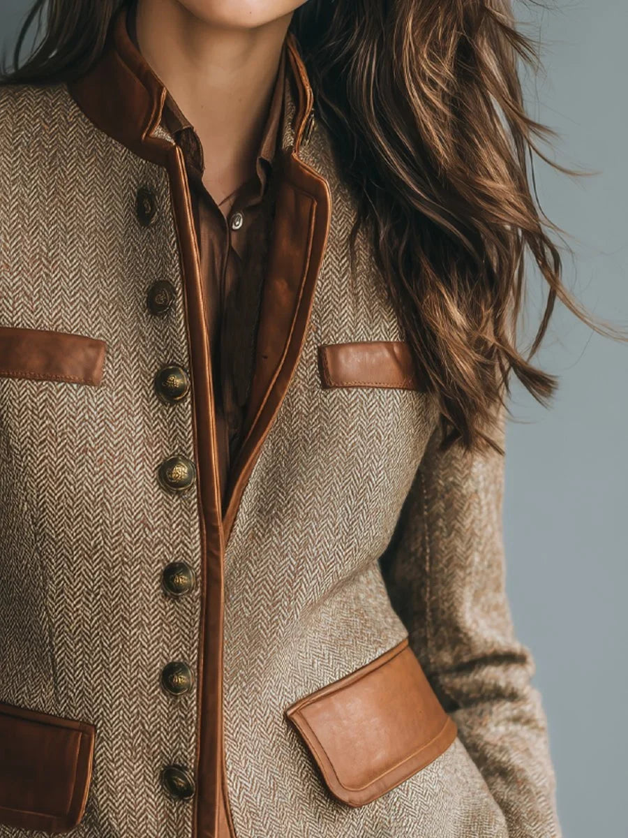 Sophia | Women Herringbone Button Front Tailored Jacket