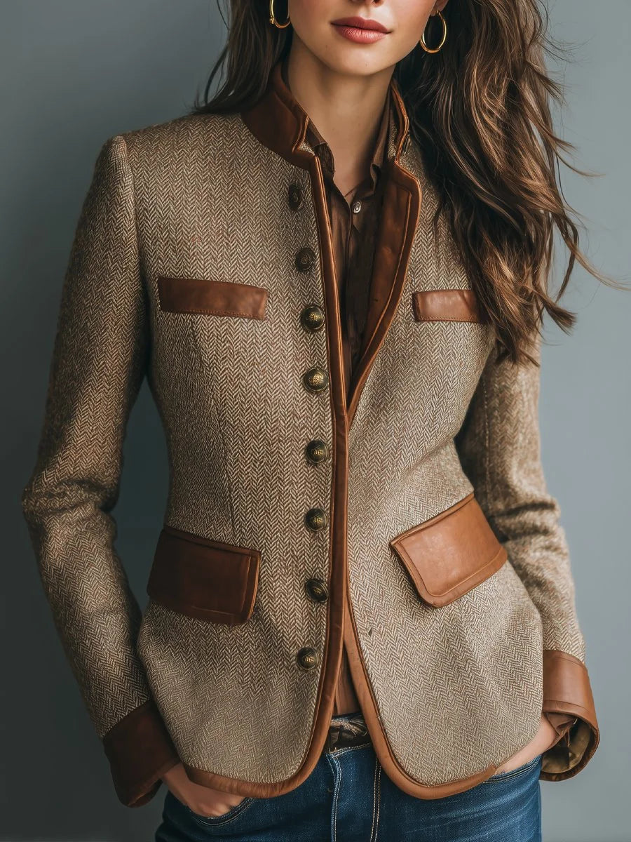Sophia | Women Herringbone Button Front Tailored Jacket