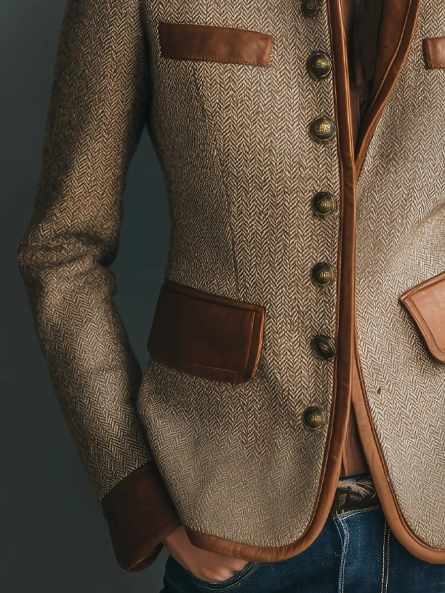 Sophia | Women Herringbone Button Front Tailored Jacket